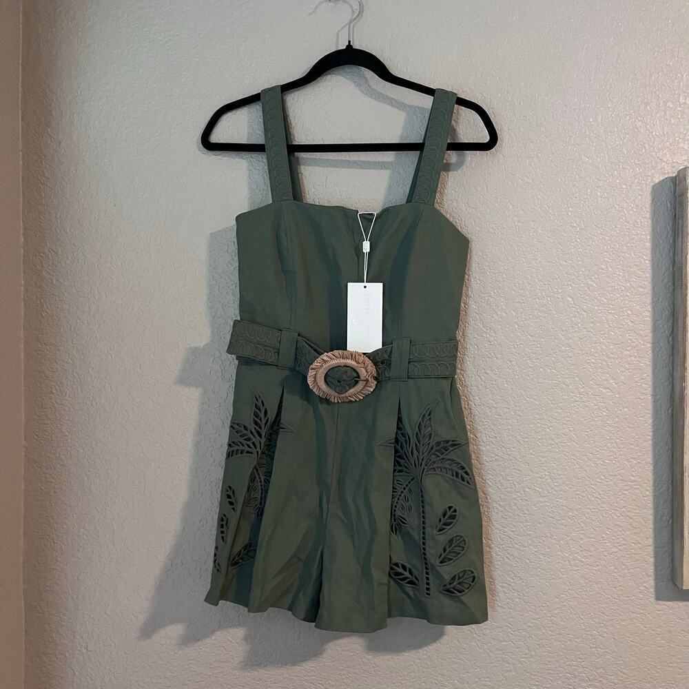 New Caroline Constas Palm Cutwork Romper Shorts Jumpsuit Linen Green NWT XS - Picture 3 of 8
